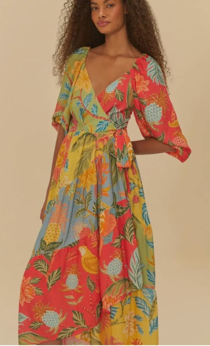Nwt Farm Rio Brazil Dress Amalfi Floral Wrap Midi Balloon Sleeve Size P Small S